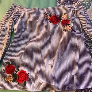 FLORAL BLUE WHITE STRIPPED OFF SHOULDER TOP NWT